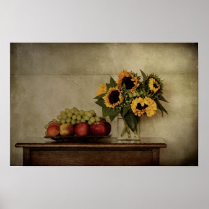 Still Life, Sunflowers in Vase, Fruit in Bowl Poster