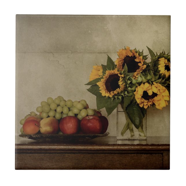Still Life, Sunflowers in Vase, Fruit in Bowl Tile (Front)