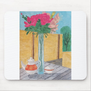 Still Life. The vase with Flowers, a tea pot and a Mouse Mat