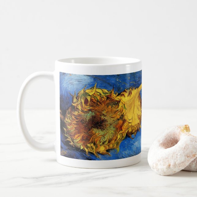 Still Life Two Cut Sunflowers by Vincent van Gogh Coffee Mug (With Donut)
