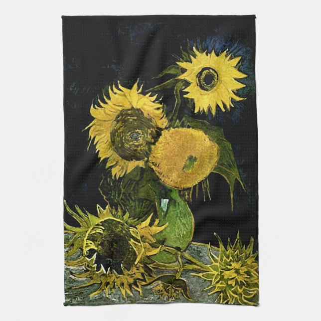 Still Life Vase Five Sunflowers Van Gogh Fine Art Tea Towel (Vertical)