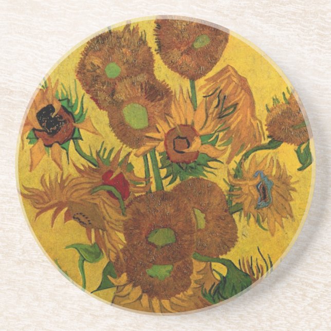Still Life Vase w 15 Sunflowers Vincent van Gogh Coaster (Front)