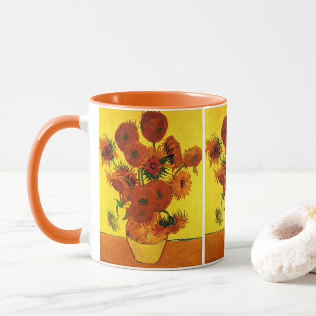 Still Life Vase w 15 Sunflowers Vincent van Gogh Mug (With Donut)