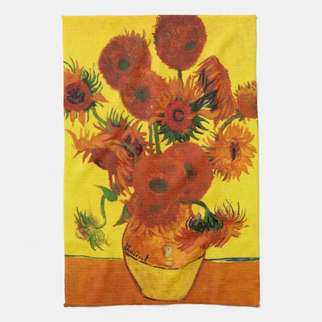 Still Life Vase w 15 Sunflowers Vincent van Gogh Tea Towel (Vertical)