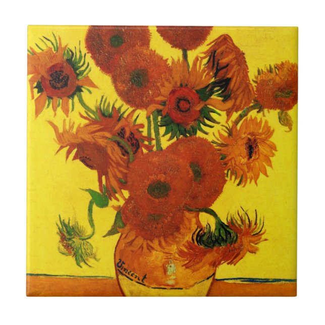 Still Life Vase w 15 Sunflowers Vincent van Gogh Tile (Front)
