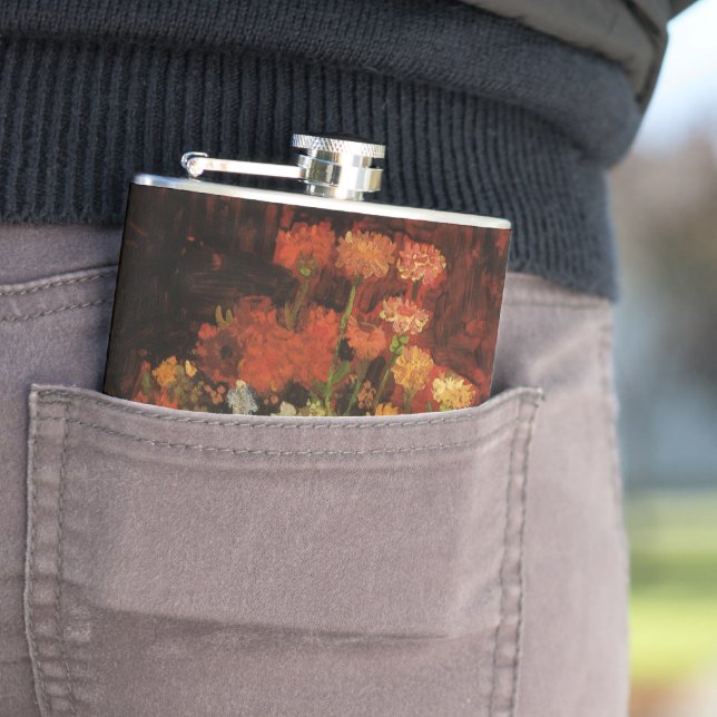 Still Life Vase with Zinnias by Vincent van Gogh Hip Flask (In Situ)