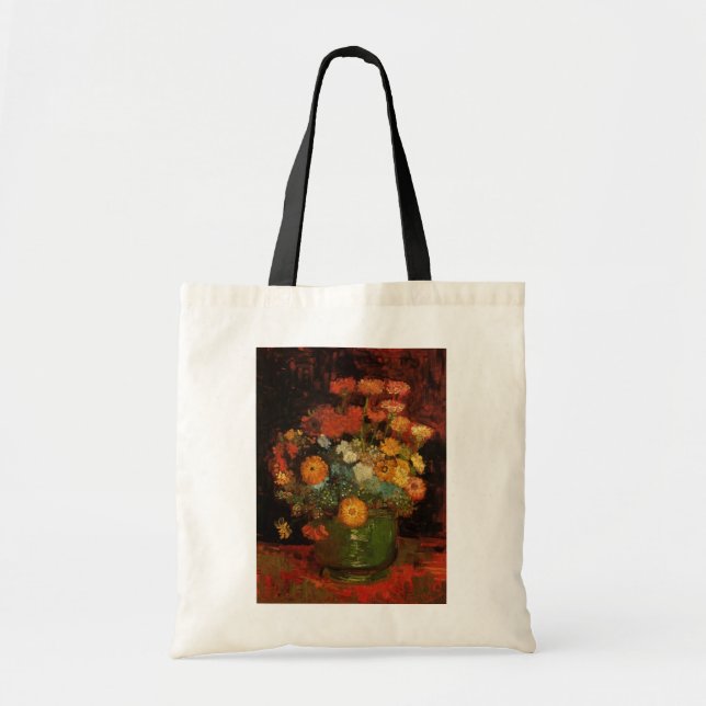 Still Life Vase with Zinnias by Vincent van Gogh Tote Bag (Front)