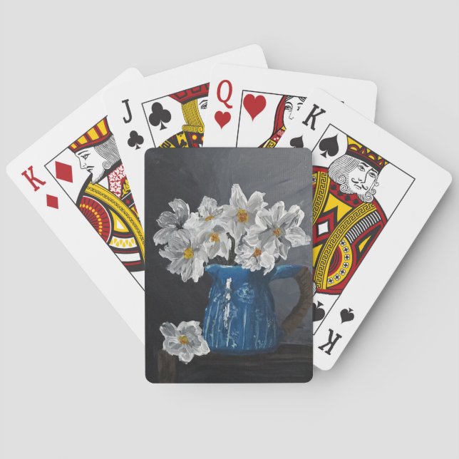 Still life: white flowers in a blue pitcher playing cards (Back)