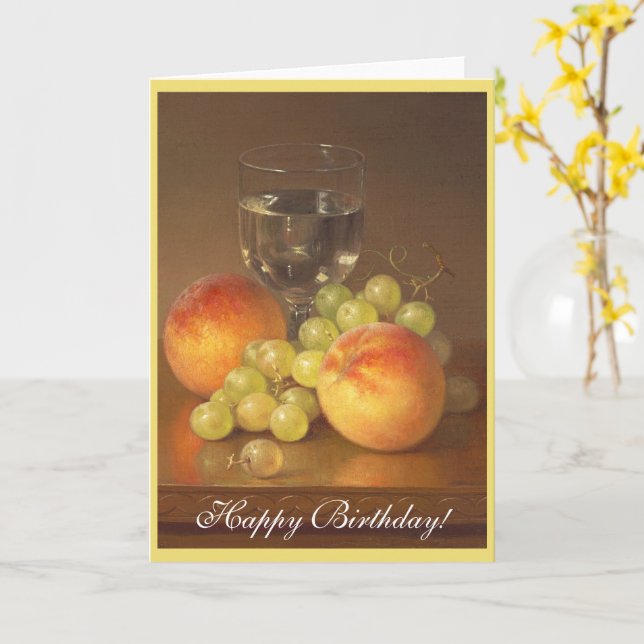 Still Life, Wineglass, Two Peaches, Happy Birthday Card (Yellow Flower)