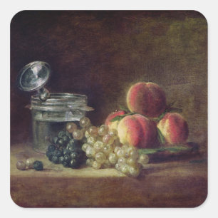 Still Life with a Basket of Peaches Square Sticker