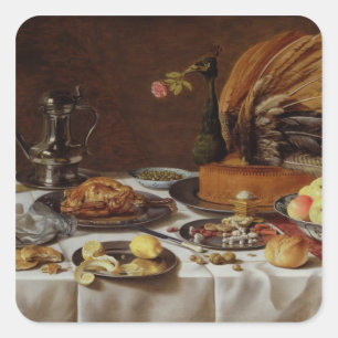 Still Life with a Peacock Pie, 1627 Square Sticker
