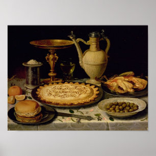 Still life with a tart,chicken, bread and olives poster