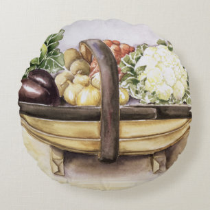 Still life with a trug of vegetables 1996 round cushion