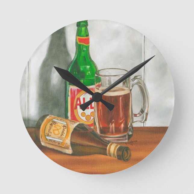 Still Life with Beer by Jennifer Goldberger Round Clock (Front)