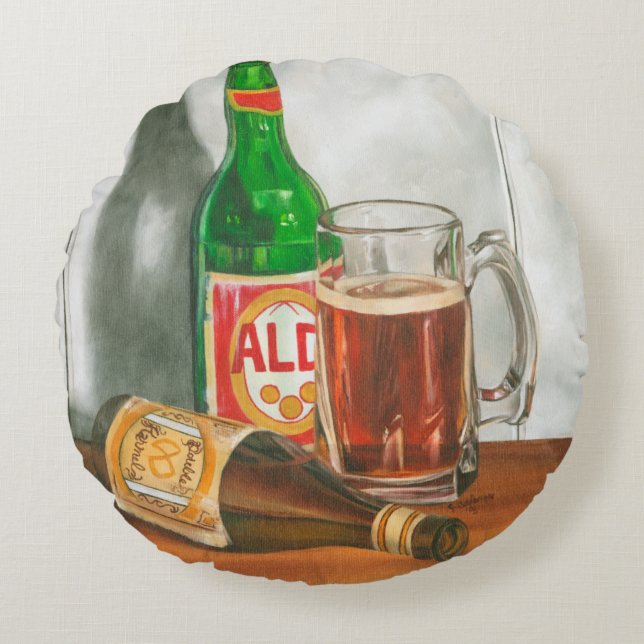 Still Life with Beer by Jennifer Goldberger Round Cushion (Front)