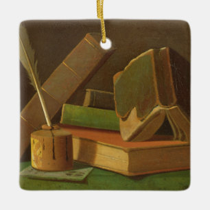 Still life with books and ink well ceramic ornament