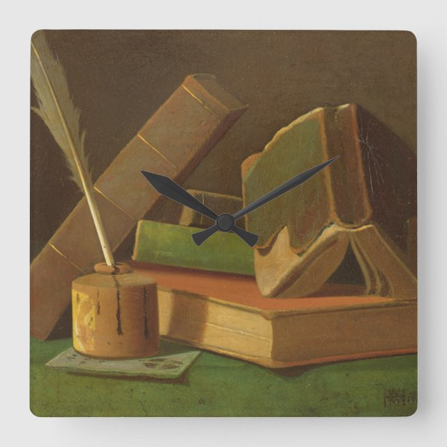 Still life with books and ink well square wall clock (Front)