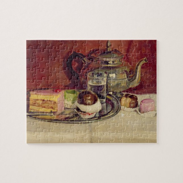 Still Life with Cakes and a Silver Teapot (oil on Jigsaw Puzzle (Horizontal)