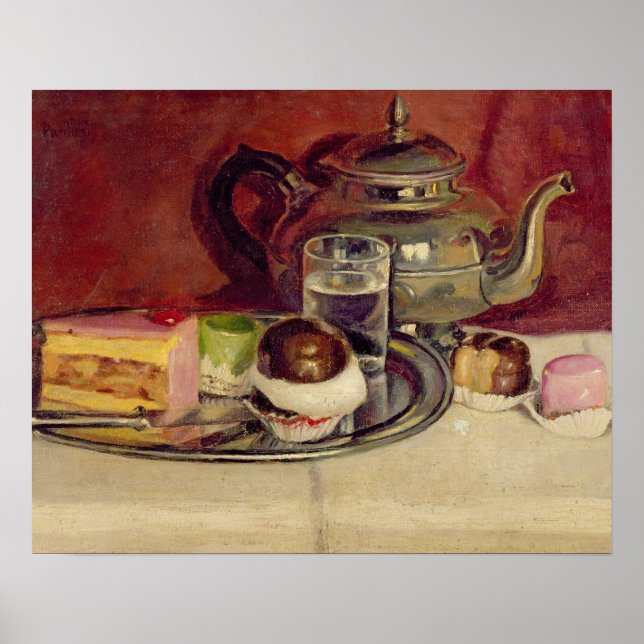 Still Life with Cakes and a Silver Teapot (oil on Poster (Front)