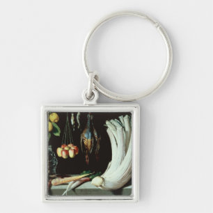 Still life with dead birds, fruit and key ring