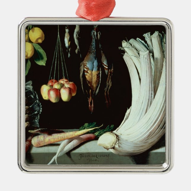 Still life with dead birds, fruit and metal tree decoration (Front)