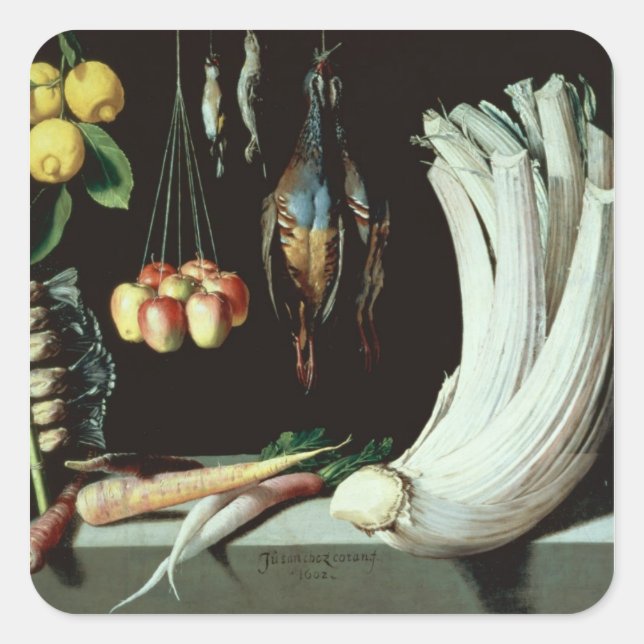 Still life with dead birds, fruit and square sticker (Front)