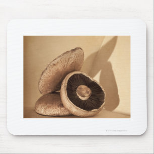 Still life with flat mushrooms and dramatic mouse mat