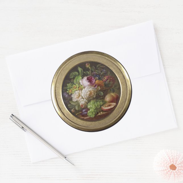Still Life with Flowers and Fruit, fine art, Class Classic Round Sticker (Envelope)