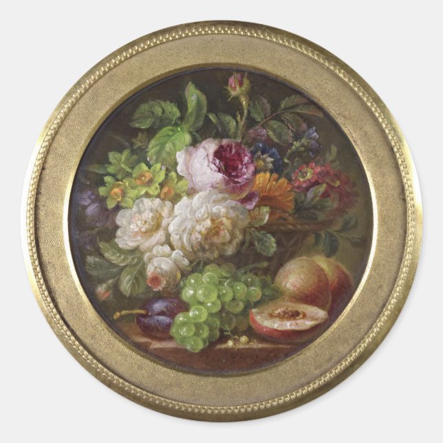Still Life with Flowers and Fruit, fine art, Classic Round Sticker (Front)