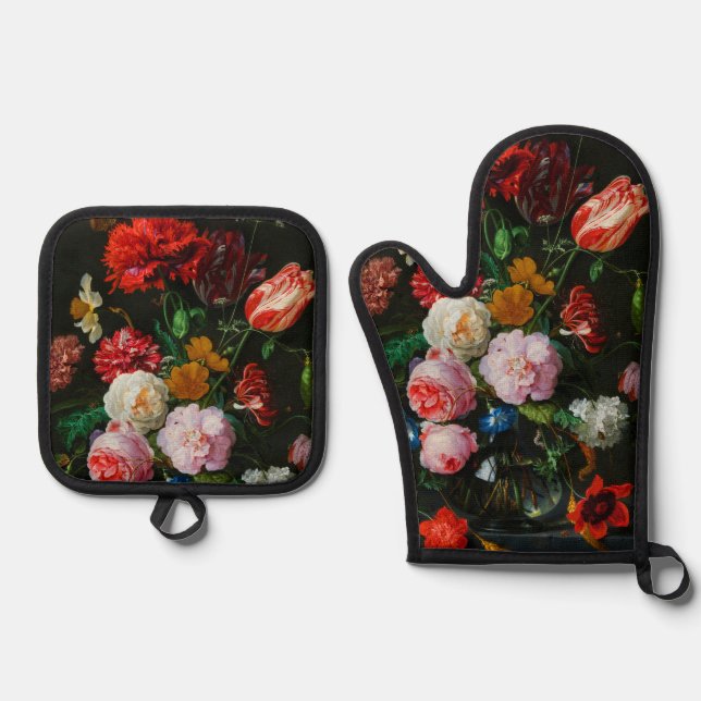 Still Life with Flowers in a Glass Vase  Oven Mitt & Pot Holder Set (Front)