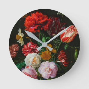 Still Life with Flowers in a Glass Vase  Round Clock