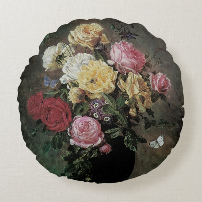 Still Life with Flowers in Vase by Olaf Hermansen Round Cushion (Front)