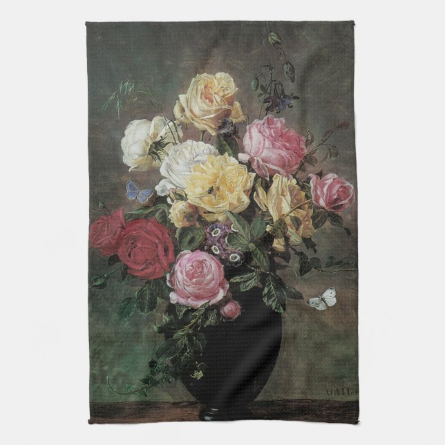 Still Life with Flowers in Vase by Olaf Hermansen Tea Towel (Vertical)