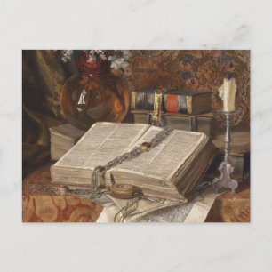 Still life with folios and cherry blossoms postcard