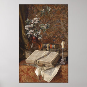 Still life with folios and cherry blossoms poster