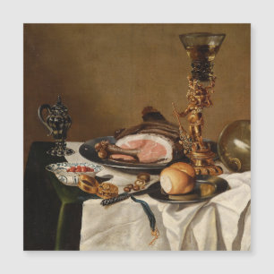Still life with ham, books and ornamental vessels 