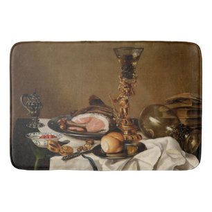 Still life with ham, books and ornamental vessels bath mat