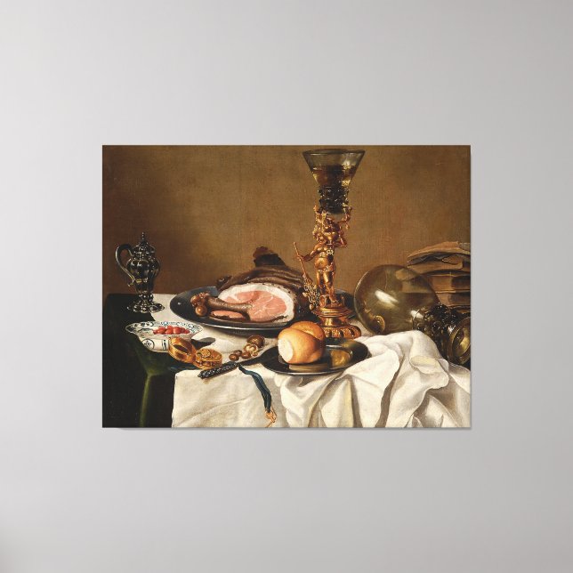 Still life with ham, books and ornamental vessels canvas print (Front)