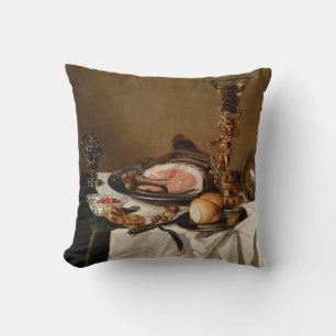Still life with ham, books and ornamental vessels cushion