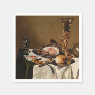 Still life with ham, books and ornamental vessels  napkin