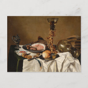 Still life with ham, books and ornamental vessels postcard