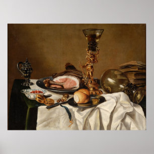 Still life with ham, books and ornamental vessels poster