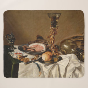 Still life with ham, books and ornamental vessels sherpa blanket