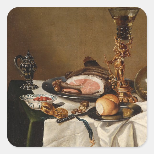 Still life with ham, books and ornamental vessels  square sticker (Front)