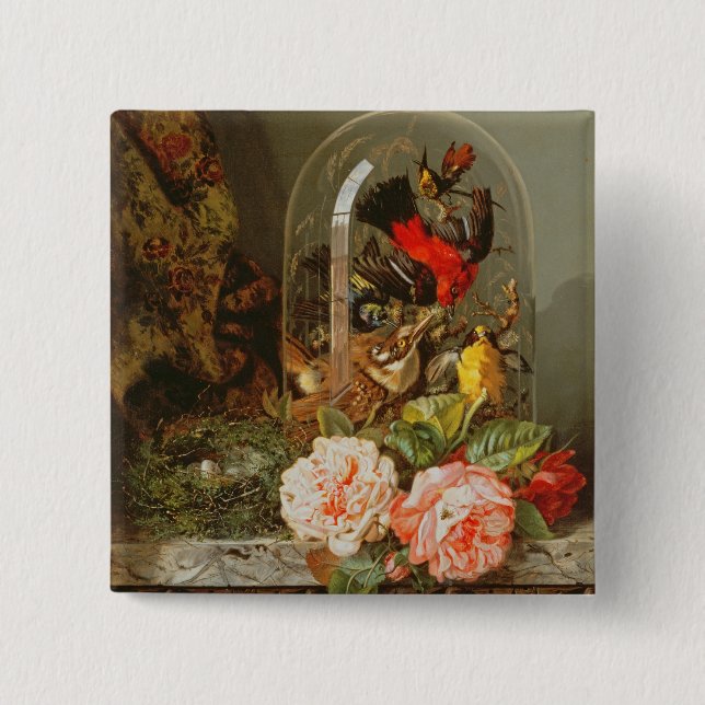 Still Life with Humming Bird in a Glass Dome 15 Cm Square Badge (Front)