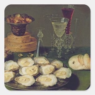 Still Life with Oysters and Glasses (oil on panel) Square Sticker