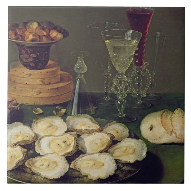 Still Life with Oysters and Glasses (oil on panel) Tile (Front)