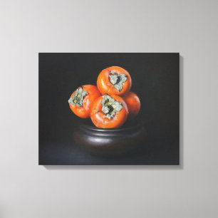 Still Life with Persimmons on Black Background Canvas Print