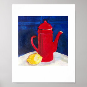 still life with red coffee pot and lemon poster