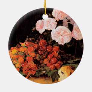 Still Life With Roses, Strawberries and Bread Ceramic Tree Decoration
